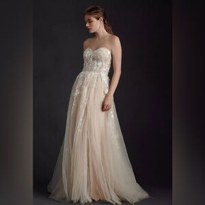 Wtoo by Waters Austin gown Strapless corset embroidered sheer floral sequin gown